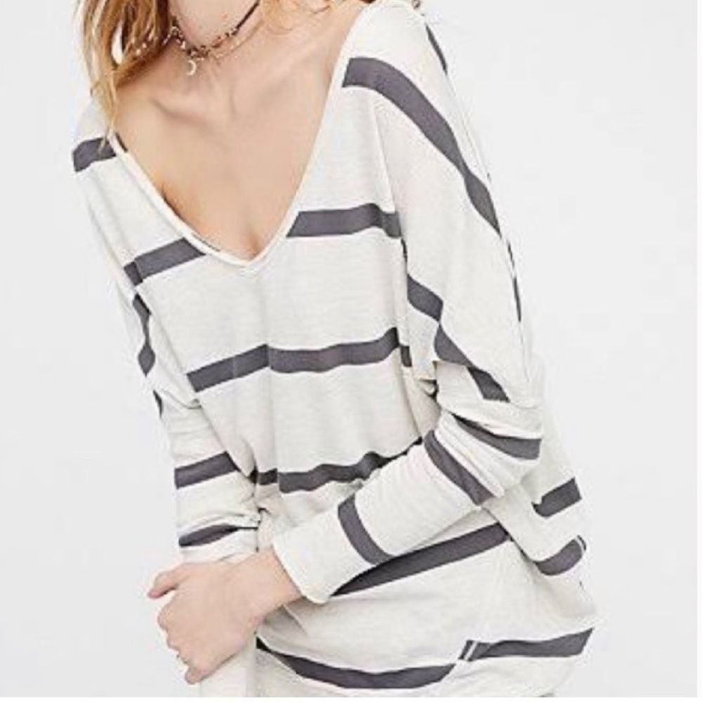 Free People Cream and Gray Striped Long Sleeve V-Neck Top